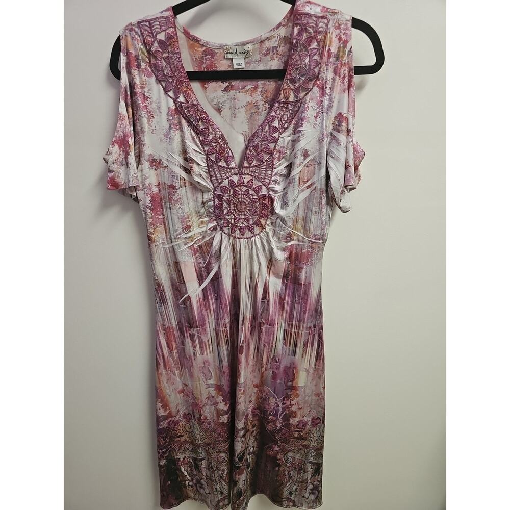 Summer Dress Cold Shoulder Pink Floral With Embroidery Gems Size M - World Unity